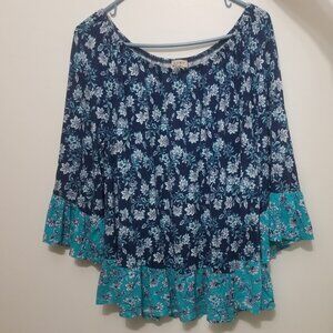 Como Vintage floral patterned blue & white 3/4 sleeve blouse